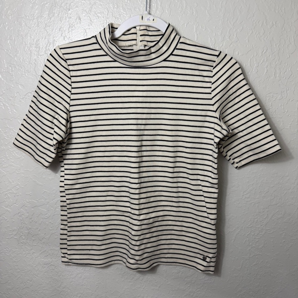 Abercrombie & Fitch Essentials Mock Neck Striped Short Sleeve Top Cream Black M - Picture 1 of 11